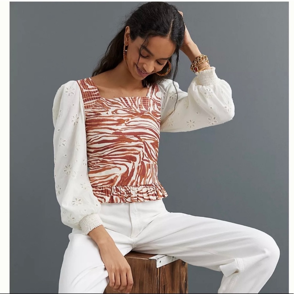 Anthropologie Love the Label eyelet chak a print puff sleeve top